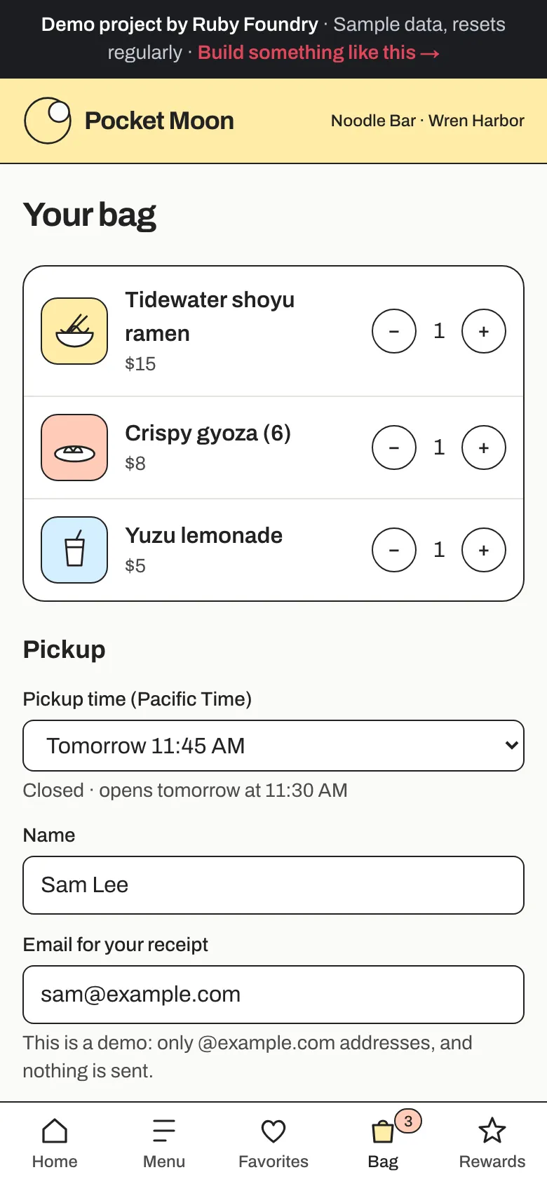 The bag on a phone: shoyu ramen, gyoza, and a yuzu lemonade, a pickup time of tomorrow at 11:45 AM, and fields for name and email.