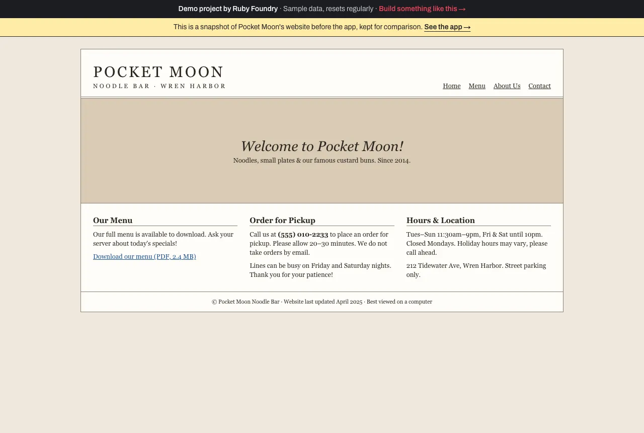 Before: Pocket Moon's old laptop website, with a menu to download as a 2.4 MB PDF and "Call us at (555) 010-2233" to order for pickup.