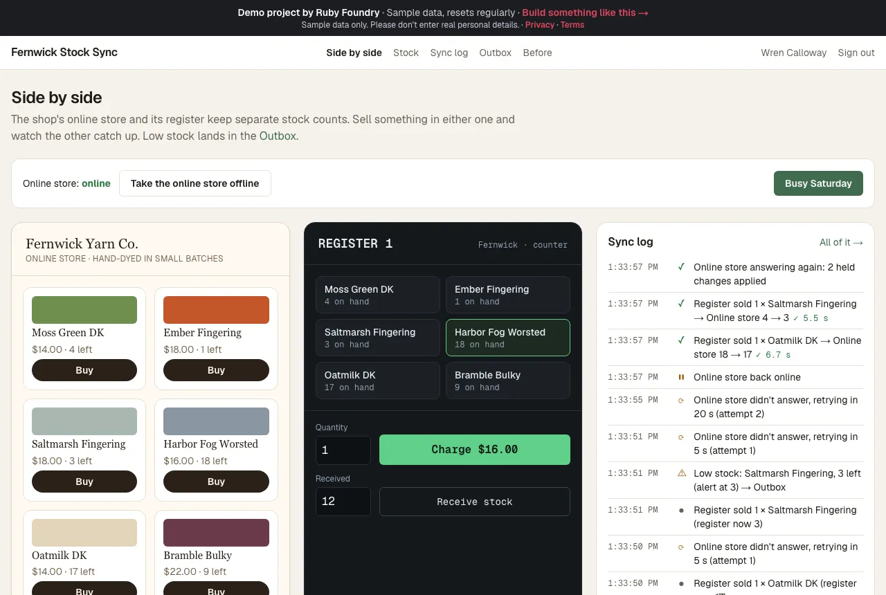 The sync log after the store comes back: “Online store answering again: 2 held changes applied”, with Saltmarsh Fingering going from 4 to 3 and Oatmilk DK from 18 to 17.