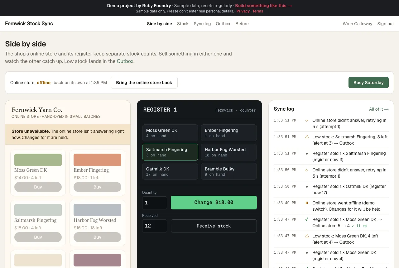 The online store greyed out under “Store unavailable. Changes for it are held.”, while the register keeps selling and the log says “Online store didn't answer, retrying in 5 s”.