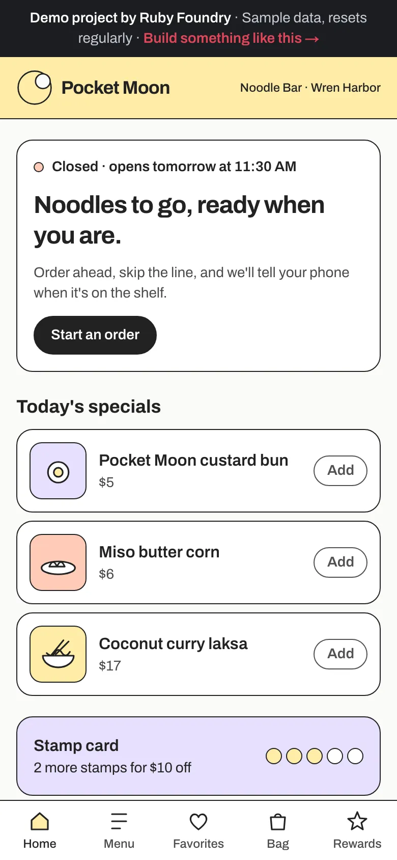 After: the Pocket Moon app on a phone, with a Start an order button, today's specials with Add buttons, and a stamp card two stamps from $10 off.