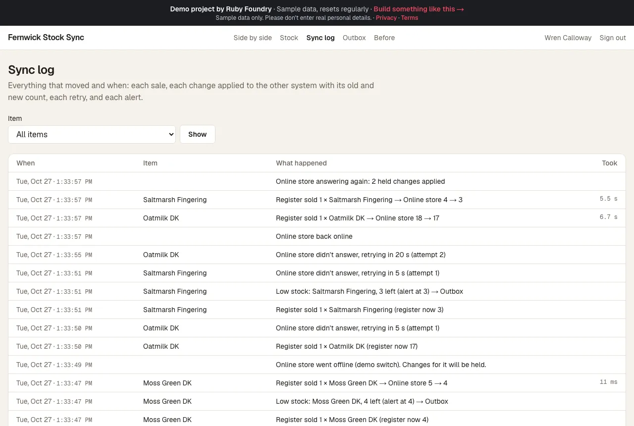 The Sync log as a table of when, item and what happened, such as “Register sold 1 × Oatmilk DK → Online store 18 → 17”, with how long each change took.