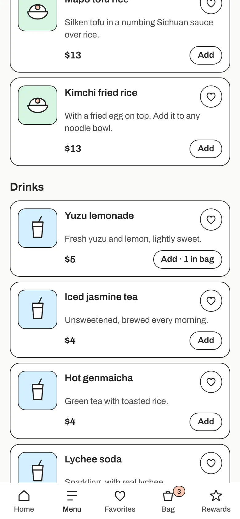 The menu on a phone: drinks like Yuzu lemonade at $5, each with a heart and an Add button, and the bag showing 3 items.
