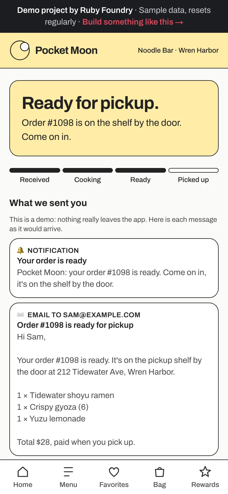 The order page reading "Ready for pickup", with the progress bar at Ready and the notification and email the customer received below.