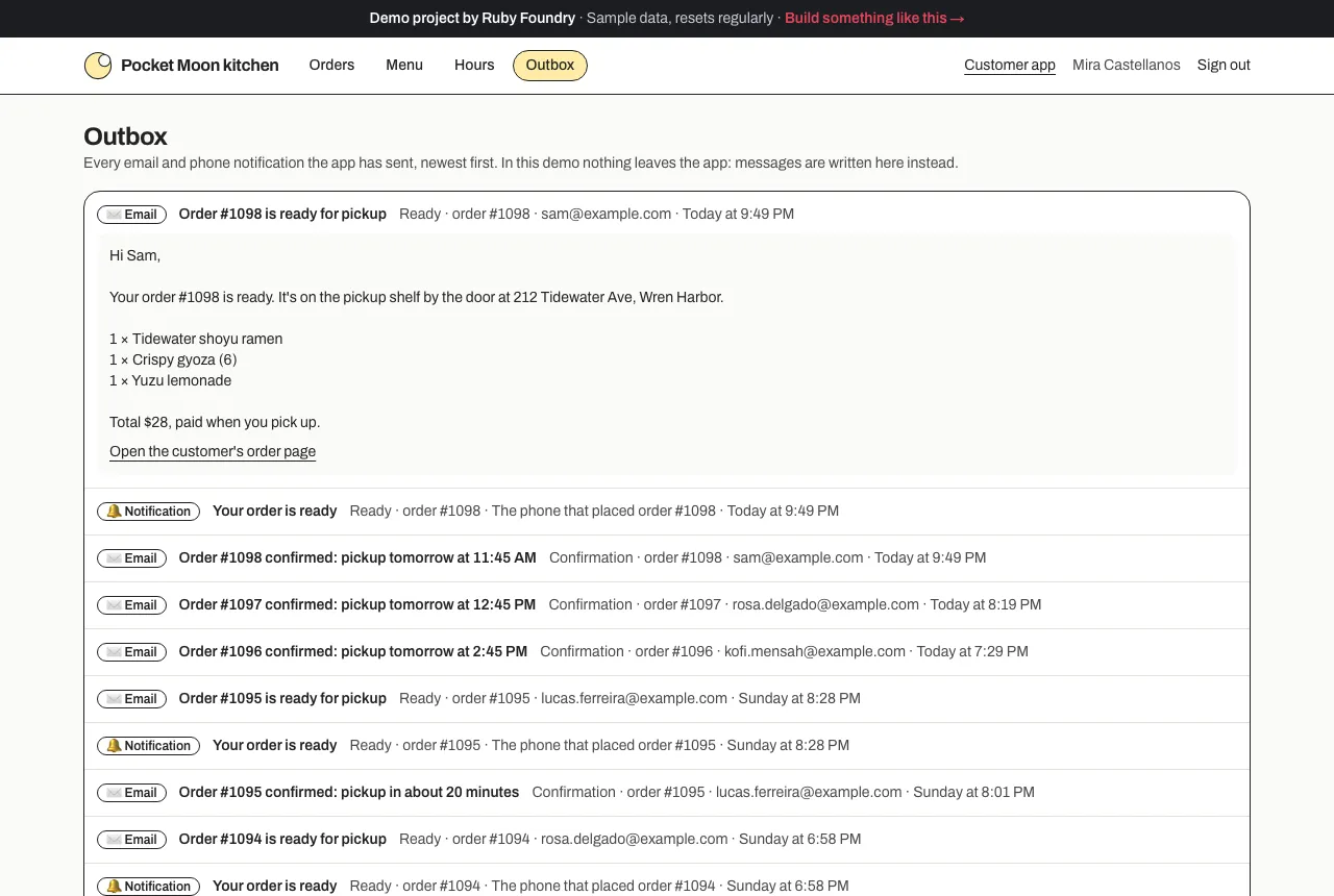 The Outbox: the "Order #1098 is ready for pickup" email opened in full, above a list of confirmations and ready notifications for earlier orders.