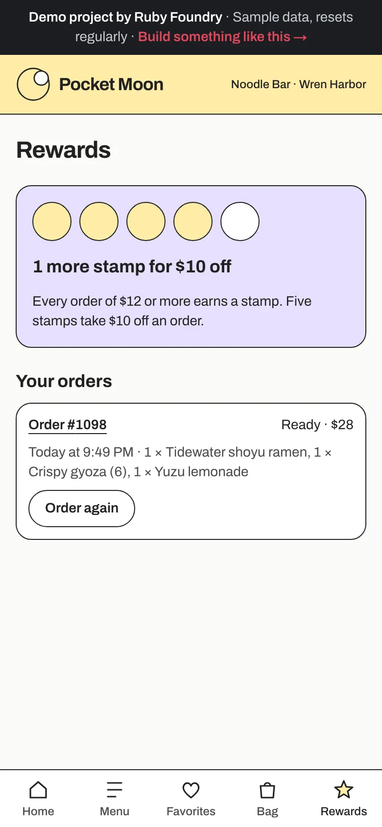 The rewards page: four of five stamps filled, "1 more stamp for $10 off", and a past $28 order with an Order again button.