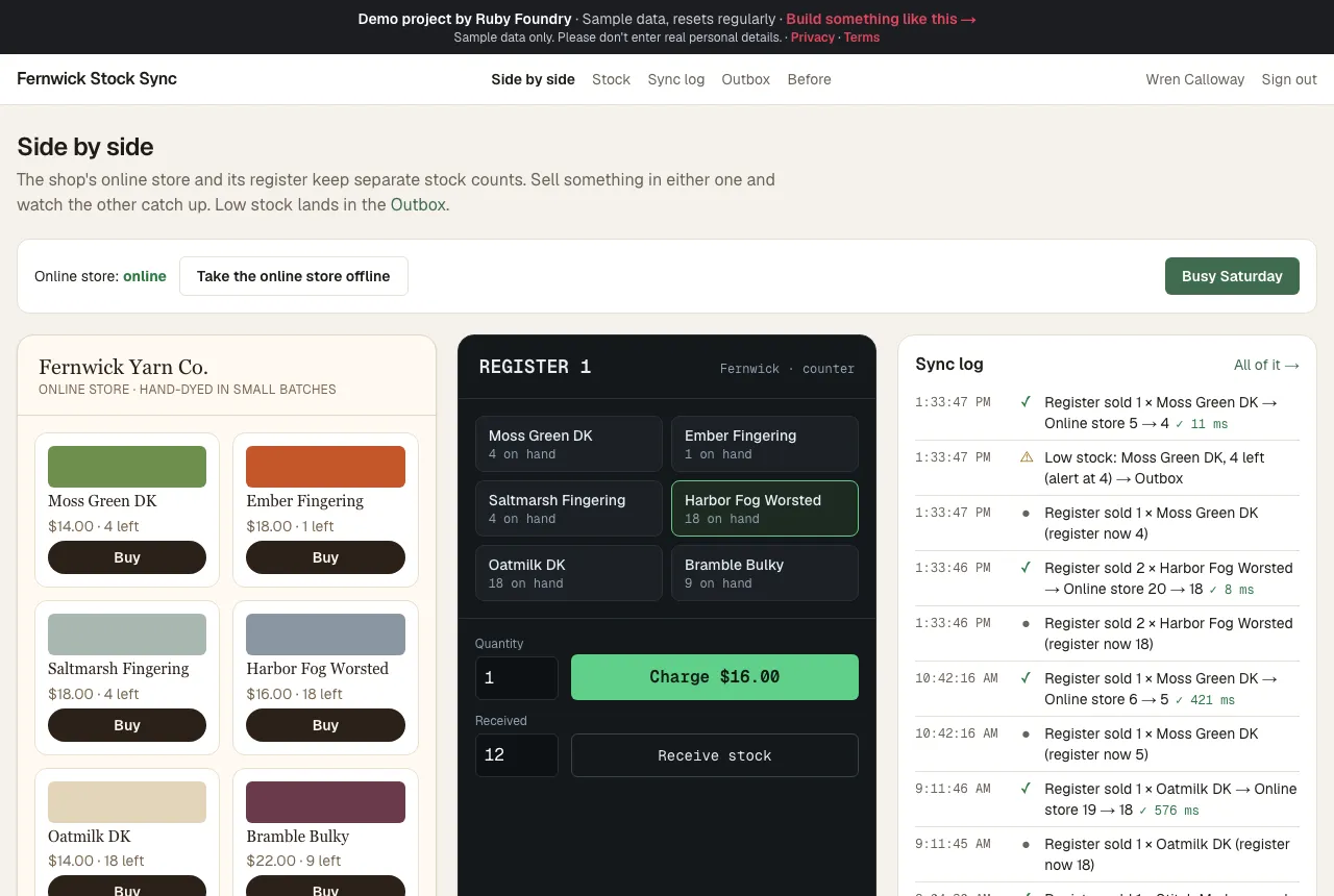 After: the online store, the register and the sync log side by side, with the log showing “Register sold 1 × Moss Green DK → Online store 5 → 4” applied in 11 ms.
