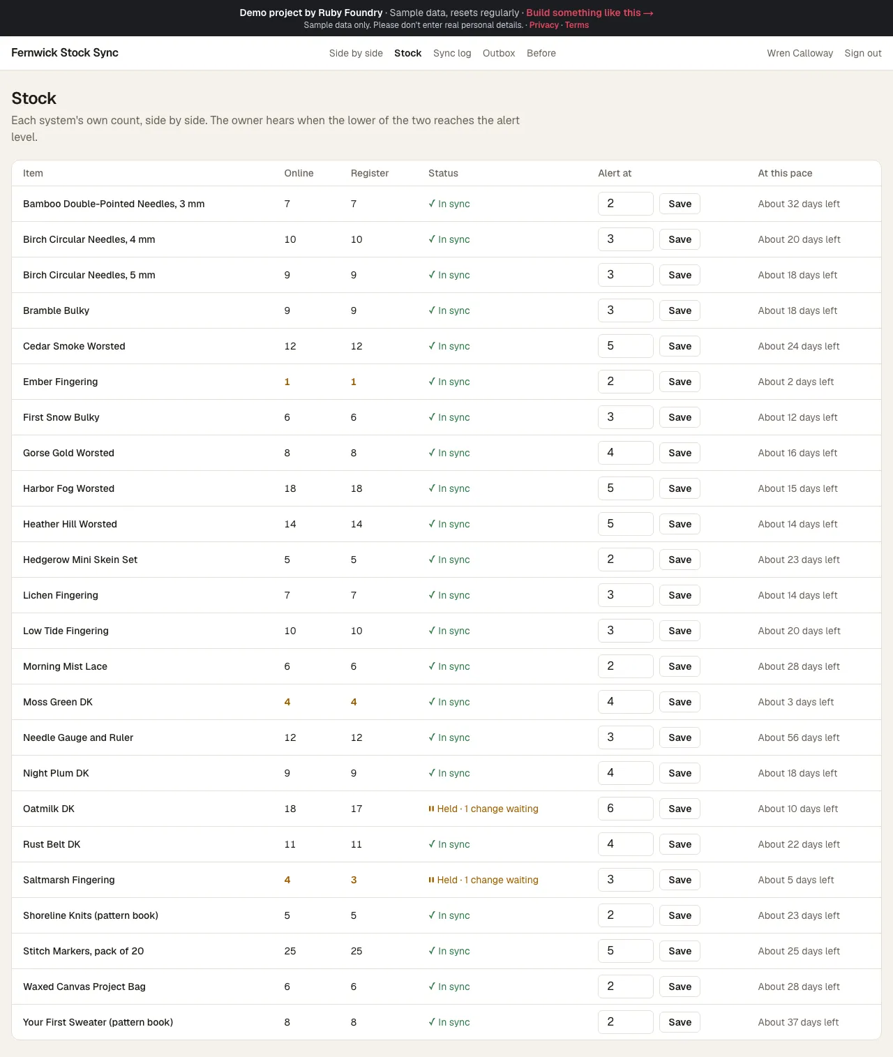 The Stock page: each item with its online and register count, most marked In sync, Oatmilk DK and Saltmarsh Fingering marked “Held · 1 change waiting”, an alert level and days left for each.