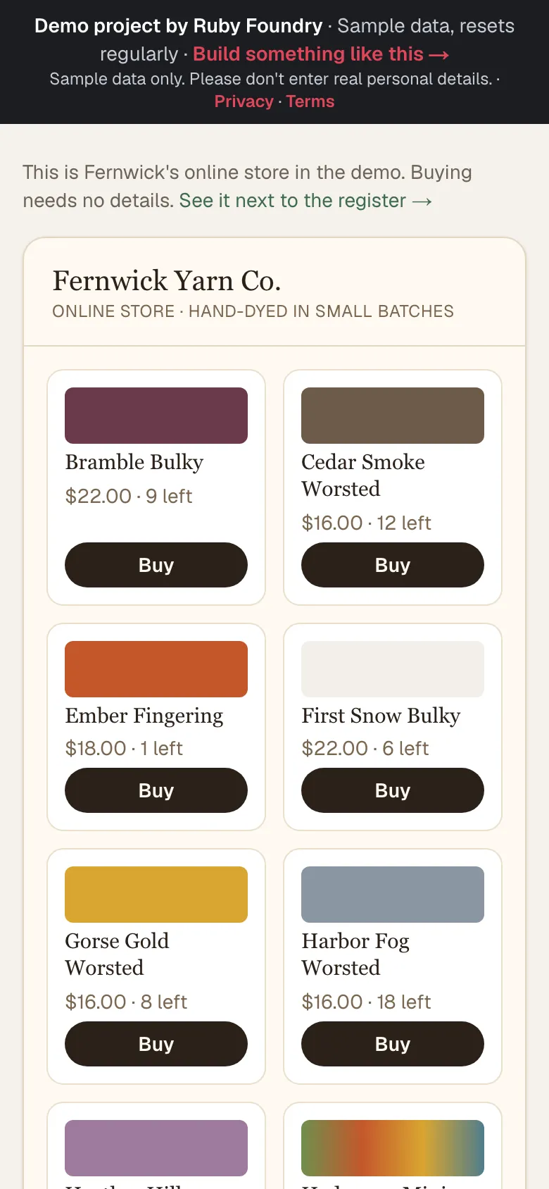 Fernwick Yarn Co.'s online store on a phone: yarn colors in a grid, such as Bramble Bulky at $22.00 with 9 left and Ember Fingering at $18.00 with 1 left, each with a Buy button.